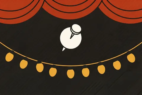 a pin and a string of party lights under a curtain on an ink card
