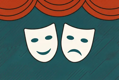 comedy and tragedy masks under a curtain on a teal card