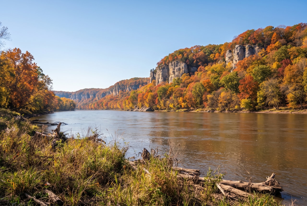 limestone bluffs in fall colour above the Missouri River