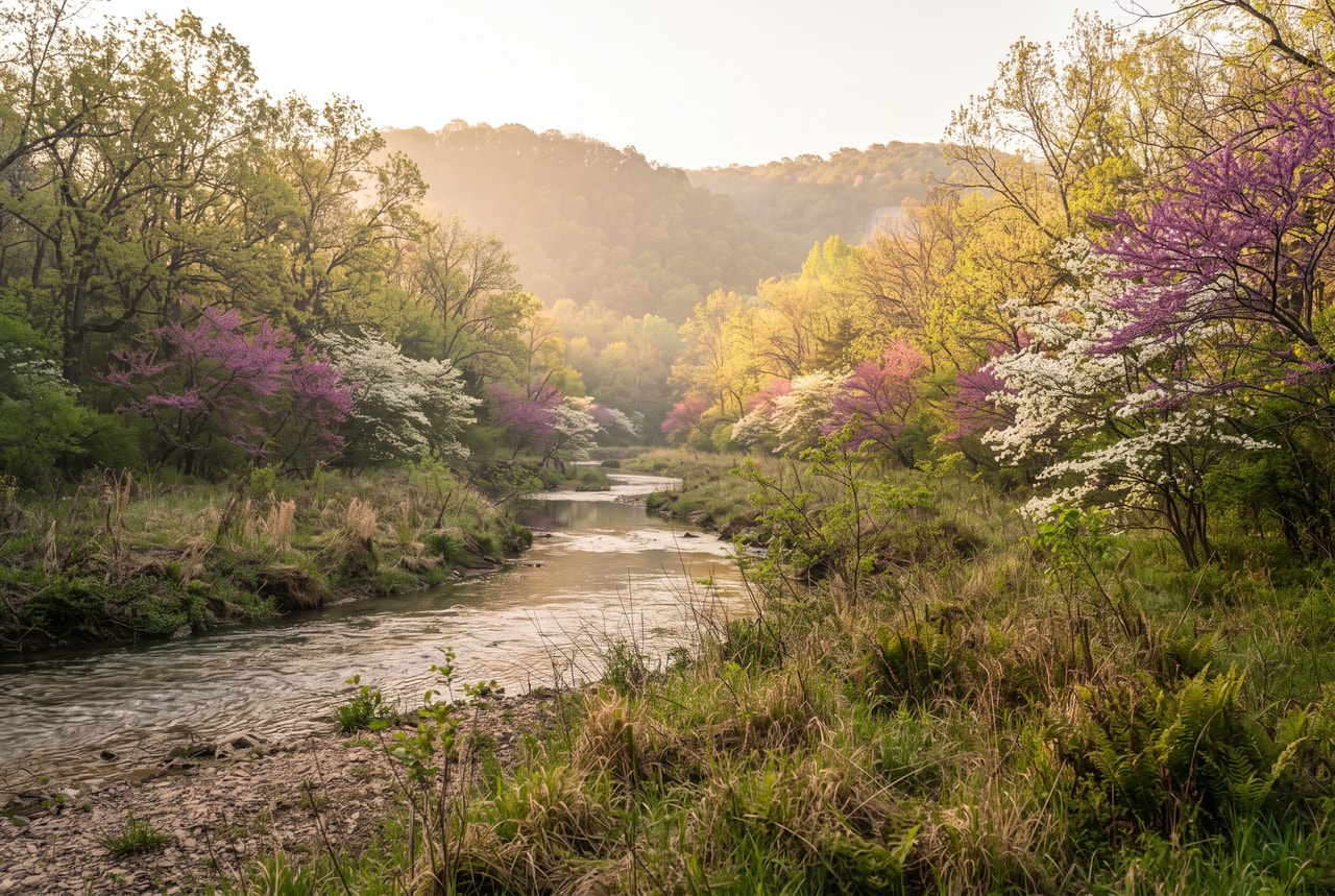 redbud and dogwood blooming along a creek in the Missouri hills