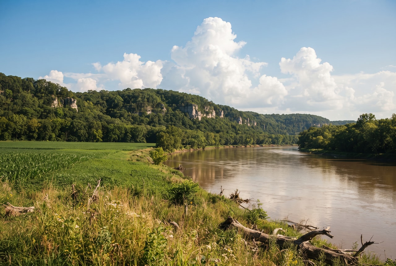 Missouri River bottomland and limestone bluffs under summer clouds