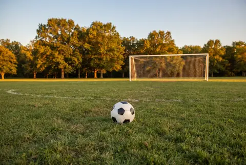 a soccer ball on a park field in front of a goal